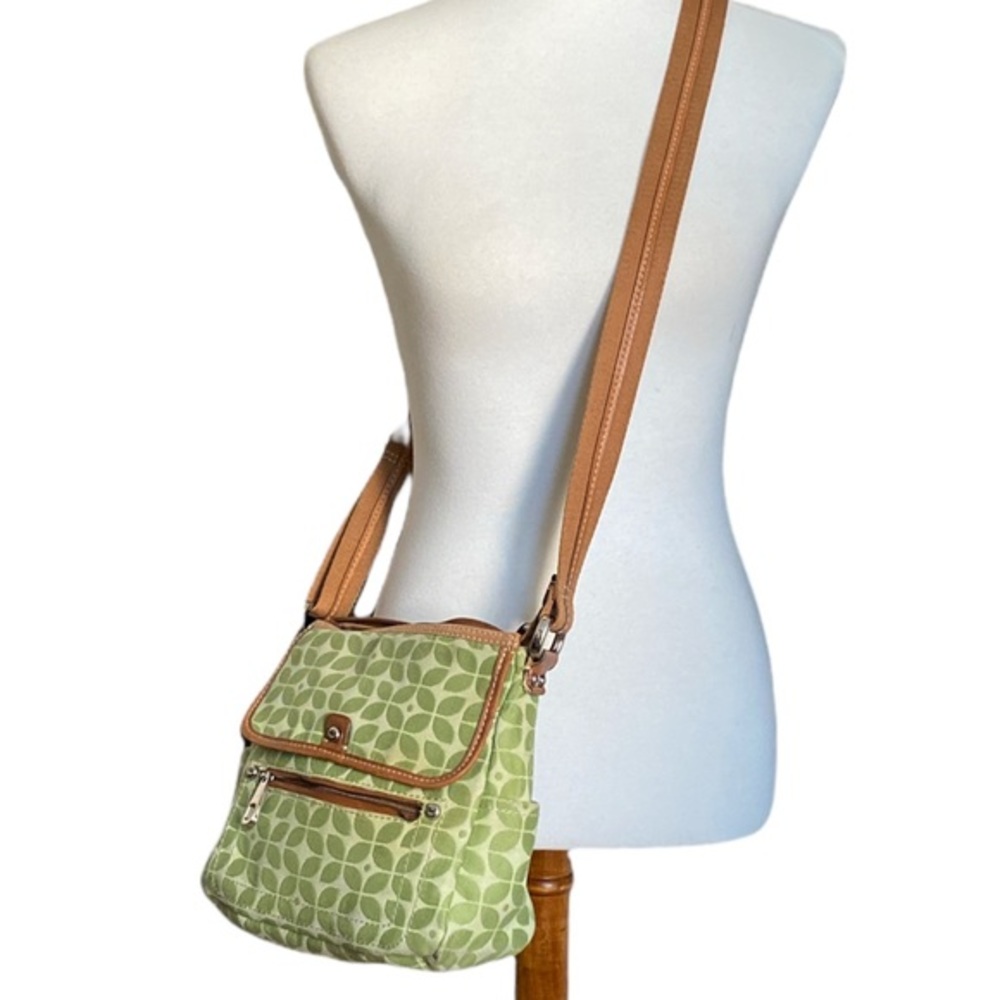 FOSSIL canvas and leather long strap green printed handbag